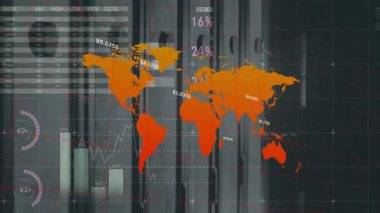 Izgara görünümü, haritaların güncellenmesiyle dünya haritasının solmasını ve analiz için metrelerin hareket etmesini tetikliyor. Kontrol paneli, veri görselleştirme, bilgi, fütüristik, analitik, arayüz, dijital