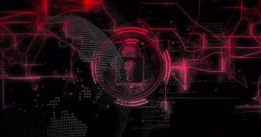 Çerçeve karardıktan sonra, dönen küre, kırmızı devrelerin güvenliği sağlayan asma kilit halkası oluşturduğunu gösteriyor. Siber güvenlik, şifreleme, teknoloji, yenilik, dijital, fütüristik, bağlantı