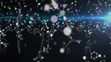 Parçacık darbesi siluet dansçılarının dijital partiyi kutlayan ritmik hareketlere geçmesine neden oluyor. Neon, soyutlama, hareket, kutlama, birlik, dijital, enerjik