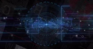 Canlı veri değişimi yollarını takip eden kaydırma panelleri kayarken kaybolan radyal ızgara veri kümesini gösteriyor. Gelecek, teknoloji, veri, arayüz, bağlantı, dijital, yenilik