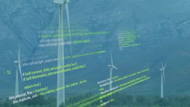 Başlangıç kodlarında rüzgar türbinlerinin üzerinde beliren, sürüklenen ve titreşen veri akışını görselleştiren kodlar. Yenilenebilir, teknoloji, sürdürülebilirlik, dijital, veri, yenilik, çevre