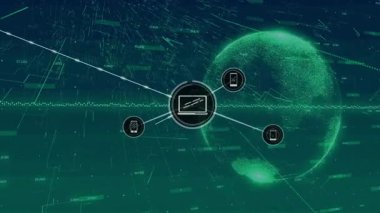 Bilgisayar simgesi ortaya çıkıyor, küre ortaya çıkıyor, çizgiler genişliyor ve simge haritalama aygıtı ağı oluşturuyor. Siber uzay, bağlantı, dijital, soyutlama, teknoloji, ağ, yenilik