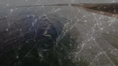 Dalgalar kıyıya doğru sürükleniyor. Titreşen düğümler okyanus dinamiklerini görselleştiriyor. Okyanus, kıyı şeridi, dijital, bağlantı, teknoloji, hareket, ortam
