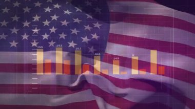 Amerikan bayrağının dalgalanması zaman çizgisi eğilimlerini güncelleyen turuncu ve kırmızı çubuklar üretiyor. Vatanseverlik, bilgi, veri analizi, kurumsal, vatansever, dijital, büyüme
