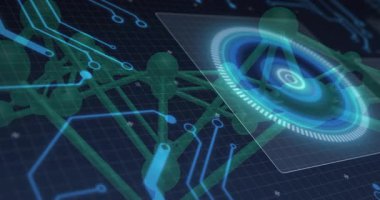 Mavi HUD yeşil ağın üzerinde kayboluyor dönen halkalar cyan çizgiler görselleştiren veri akışı yayıyor. Gelecek, teknoloji, dijital, yenilik, arayüz, siber uzay, bilim