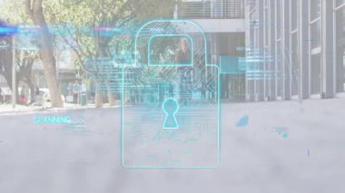 Holografik asma kilit, portre tespiti üstüne biyometrik tarama yapıyor ve güvenliği etkinleştiriyor. Siber güvenlik, dijital, fütüristik, teknoloji, şehir, yenilik, verimlilik