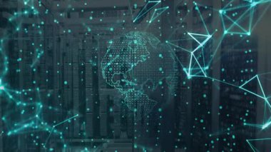 Teal noktaları rafların üzerinde örgü oluşturarak hologram dünyasını başlatıyor ve verileri yeniden yönlendiriyor. Teknoloji, siber güvenlik, yenilik, ağ, dijital, fütüristik, bağlantı