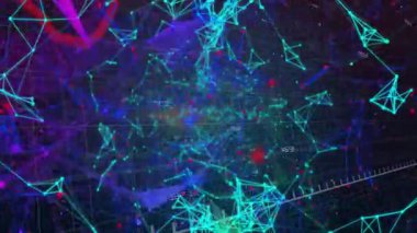 Koyu 3D ızgaranın görünmesi, düğümleri tetikler ve kırmızı çizgiye bağlanarak eğilimleri gösterir. Fütürist, siber, teknolojik, dinamik, görselleştirme, soyut, dijital