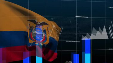 Başlangıçta, ekonomik eğilimleri gösteren veri tabloları yükselirken, şebekede dalgalanan Ekvador bayrağı. Dijital, analitik, infografik, sanal, finansal, veri, fütürist