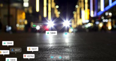 Karanlık yol sahnesine giren farlar ortaya çıkan, kümelenen, solan, çatışmayı gösteren simgelere neden oluyor. Dijital, kentsel, gece hayatı, teknoloji, bağlantı, hareket, neon