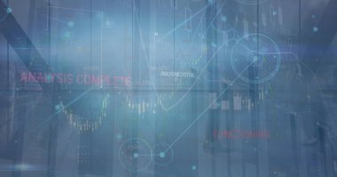 Ofiste yürüyen iş adamlarının veri işleme görüntüsü. Küresel iş ve dijital arayüz kavramı dijital olarak oluşturulmuş görüntü.