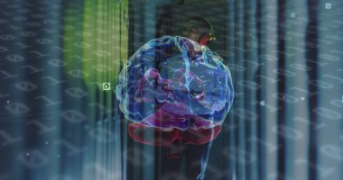 Afro-Amerikan sunucu oda çalışanının veri işleme görüntüsü. Bulut hesaplama kavramı dijital olarak oluşturulmuş resim.