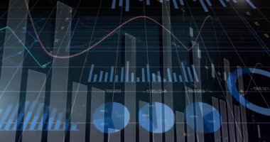 Canlandırılmış görselleştirmeye başlarken pan gösterme çubukları çizgi grafikleri birleştirerek eğilimleri gösterir. Infographic, analytics, futuristic, digital, tech, insight, research