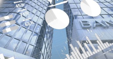 Yüksek binalarla istatistiksel veri işleme görüntüsü. Küresel iş verileri ve analitik teknoloji kavramı