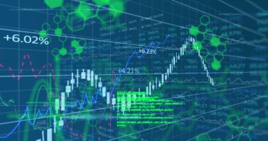 Mavi zemin üzerinde grafik, veri ve kimyasal formüllerin resmi. Maliye, ekonomi ve teknoloji kavramı dijital olarak oluşturulmuş görüntü.