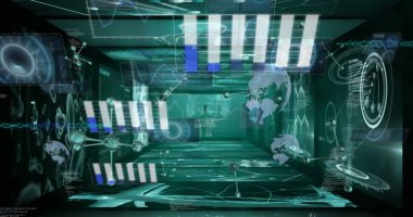 Siyah arkaplanda veri işleme üzerindeki moleküllerin görüntüsü. Küresel teknoloji, bilgisayar ve dijital arayüz kavramı dijital olarak oluşturulmuş görüntü.