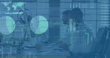 Ofiste yürüyen iş adamlarının finansal veri işleme görüntüsü. Küresel iş dünyası dijital arayüz teknolojisi ve dijital olarak oluşturulan ağ konsepti.