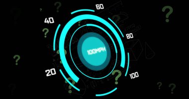 Kara arkaplanda veri işleme ile birlikte tarama alanındaki soru işaretlerinin resmi. Küresel teknoloji, bilgisayar ve dijital arayüz kavramı dijital olarak oluşturulmuş görüntü.