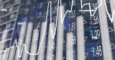 Dijital ekranda küresel görüntü, görüntü bulucu, grafikler ve finansal veriler. Küresel iş, ağ, finans, ekonomi ve teknoloji konsepti dijital olarak oluşturulmuş görüntü.