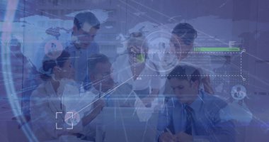 Profil simgelerinin görüntüsü, çok ırklı iş arkadaşlarının bilgisayarda tartışıp planlamaları. Dijital bileşik, çoklu pozlama, takım çalışması, ofis, iş, telekomünikasyon, teknoloji.