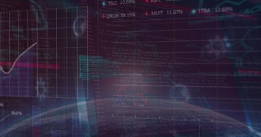 Ufukta ışık olan karanlık dünya üzerinde veri işleme grafikleri ve grafikleri. Küresel iletişim, iş, veri ve dijital arayüz kavramı dijital olarak oluşturulmuş görüntü.