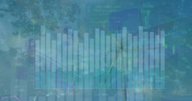 Gökdelenler ve şamdan verileriyle parkın üzerinde süzülen şeffaf bar ve çizelgeleri gösteriyor. veri görselleştirme, kentsel manzara, finansal analiz, modern tasarım, teknoloji, iş büyümesi