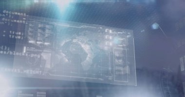 Ekranlarda veri işleme resmi. Dijital arayüz ve hesaplama konsepti dijital olarak oluşturuldu.