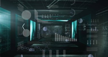 Koyu arkaplan üzerindeki ekranlardaki istatistik ve veri işleme resimleri. Küresel iş, dijital arayüz ve dijital olarak oluşturulan veri işleme kavramı.