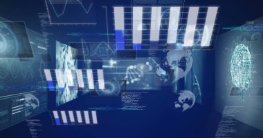 Mavi arkaplanda veri işleme resmi. Küresel teknoloji, bilgisayar ve dijital arayüz kavramı dijital olarak oluşturulmuş görüntü.