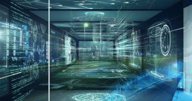 Şehir manzarası üzerinde veri işleme resmi. Küresel teknoloji, bilgisayar ve dijital arayüz kavramı dijital olarak oluşturulmuş görüntü.