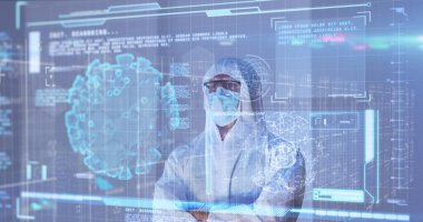 Kafkas erkek doktor üzerinde virüs hücreleriyle veri işleme görüntüsü. Küresel tıp, bilim ve dijital arayüz kavramı dijital olarak üretilen görüntü.