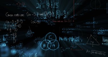 Çeşitli matematiksel formülleri ve geometrik diyagramları olan dijital görüntü. resim, veri, matematik, formüller, fütüristik, bilgisayar grafikleri.