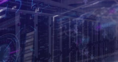 Sunucu odasında veri işleme resmi. Küresel teknoloji, bilgisayar ve dijital arayüz kavramı dijital olarak oluşturulmuş görüntü.