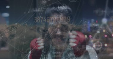 Veri işleme ağı ve Kafkas kadın boksu üzerindeki şehir manzarası. Küresel teknoloji, bağlantılar ve dijital arayüz konsepti dijital olarak oluşturuldu.