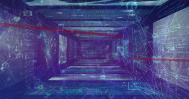 Donanma arka planında veri işleme ve bağlantıları olan dijital ekranların resmi. Dijital arayüz, veri işleme ve dijital olarak oluşturulmuş görüntü konsepti.