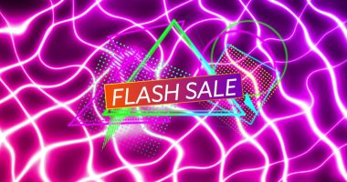 Üçgenler ve mor dalgalı arka plan üzerinde flaş satış resmi. Alışveriş, satış ve promosyon konsepti dijital olarak oluşturuldu.