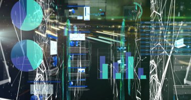 Sunucular üzerindeki bağlantı ve grafiklerin resmi. Veri işleme, bilgisayarlar, ağ ve teknoloji konsepti dijital olarak oluşturulmuş görüntü.
