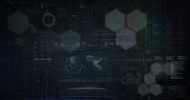 Siyah arkaplanda veri işleme üzerine altıgenlerin resmi. Küresel teknoloji, çevrimiçi güvenlik ve dijital arayüz kavramı dijital olarak oluşturulmuş görüntü.