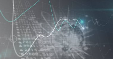 Finansal veri işleme görüntüsü, siyah arka planda dünya çapında grafikle. Küresel iş, finans ve dijital arayüz kavramı dijital olarak oluşturulmuş görüntü.