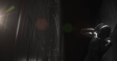 Karanlık koridorda başı ağrıyan korkunç bir figürün siyah beyaz çizilmiş görüntüsü. Cadılar Bayramı, korku, korku ve gerilim konsepti dijital olarak oluşturulmuş görüntü.