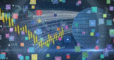 Grafik çubukları ve simgelerle veri ızgarasının sağında ikili veri küresi gösteriliyor, boşluğu kopyala. Teknoloji, yenilik, analitik, bağlantı, dijital arayüz, siber güvenlik