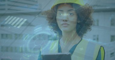 Kadın çalışanın veri işleme sistemiyle tarama görüntüsü. Küresel teknoloji, bilgisayar ve dijital arayüz kavramı dijital olarak oluşturulmuş görüntü.