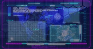 Dijital arayüzdeki dünya haritasına karşı finansal veri işleme resmi. Dijital bileşik, yapay zeka, küresel iletişim, bulut hesaplama, teknoloji, finans, ekonomi.