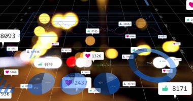 Yüzen sosyal medya analitik unsurları şehir caddesini kalp ve kullanıcı sayısıyla vurguluyor. Gelecekçi, dijital, teknoloji, veri, kentsel, neon, görselleştirme