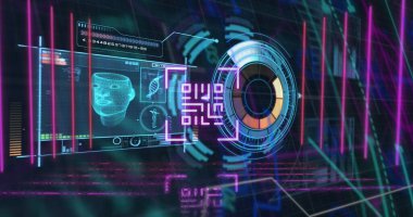 Ekranda tarama ve veri işleme görüntüsü. Küresel bilim ve dijital arayüz kavramı dijital olarak oluşturulmuş görüntü.