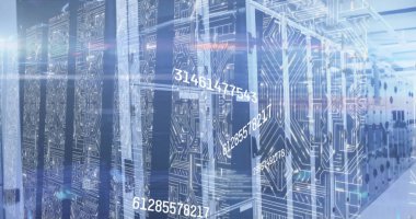 Şekiller üzerinde veri işleme resmi. Küresel teknoloji veri işleme ve dijital arayüz konsepti dijital olarak oluşturulmuş resim.