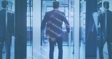 Beyaz iş adamının ofisteki arka plandaki DNA görüntüsü. İş, finans ve ekonomi kavramı dijital olarak oluşturulmuş imaj.