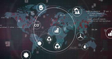 Veri resimleri, simgeler ve kara arkaplan üzerindeki dünya haritası. Küresel ağ, veri ve teknoloji konsepti dijital olarak oluşturuldu.