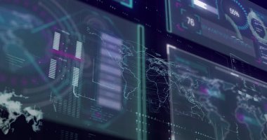 Dünya haritasıyla grafiksel bilgi arayüzü resmi. Dijital olarak üretilmiş, çoklu pozlama, küresel ağ, araştırma, tahmin, kodlama, mühendislik ve fütüristik kavram.