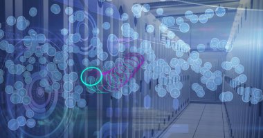 Sunucu odasındaki simgelerin ve dairelerin resmi. Küresel iş ve dijital arayüz kavramı dijital olarak oluşturulmuş görüntü.